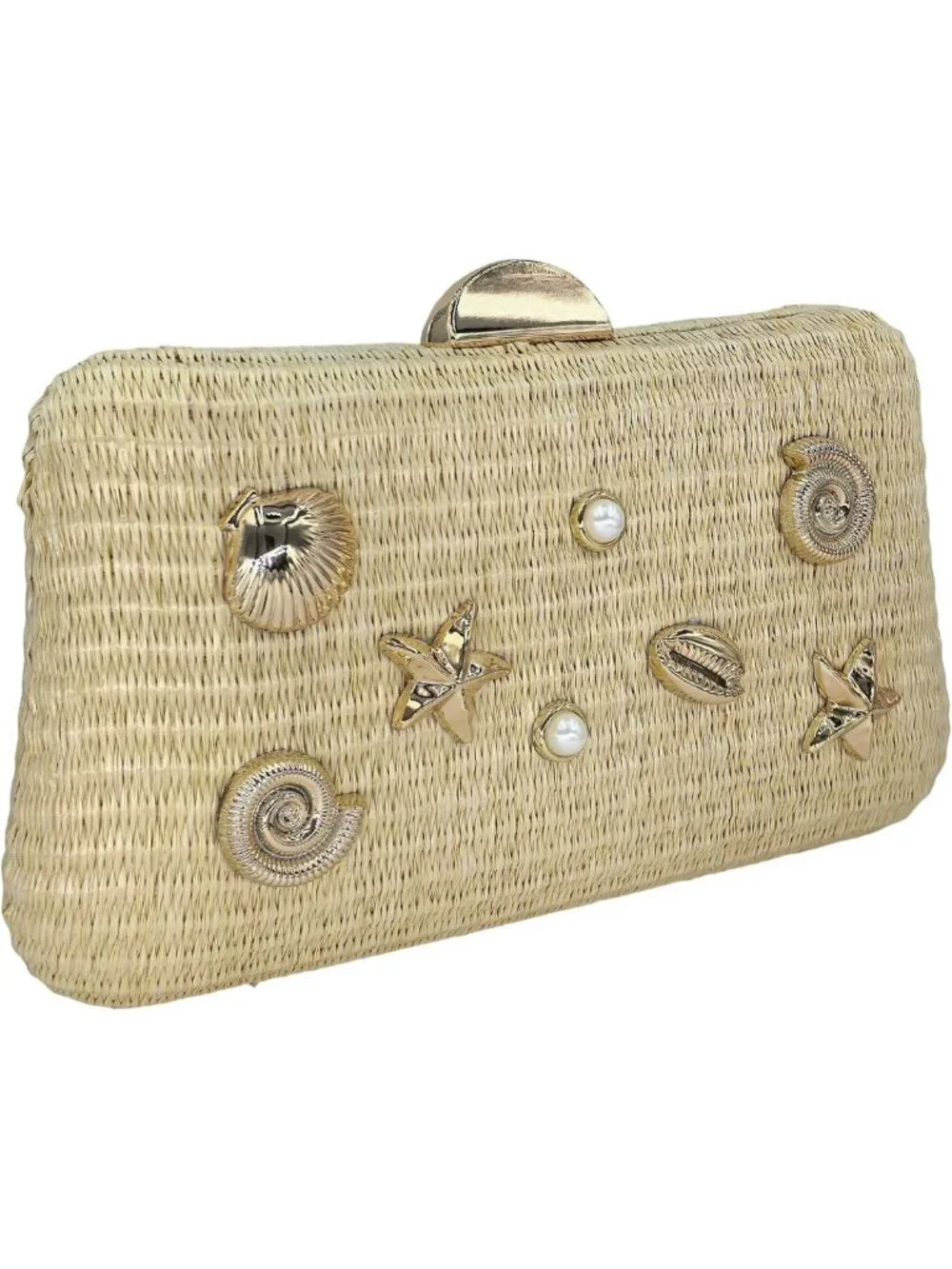 Woven Straw Clutch with Seashell Accents - Boho Beach Evening Bag, Lightweight